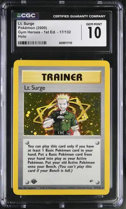 CGC 10 GEM MINT Lt. Surge Gym Heroes 1st Edition 17/132 Holo Pokemon Card - Image 1