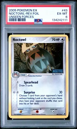 2005 POKEMON EX UNSEEN FORCES #43 NOCTOWL-REVERSE FOIL PSA 6 - Image 1