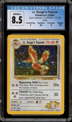 Pokemon Lr. Surge's Fearow Gym Heroes Unlimited Holo Rare #7 CGC 8.5 - Image 1