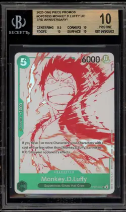 One Piece CCG Monkey.D.Luffy 3rd Anniversary! Promo OP07-033 BGS 10 Pristine - Image 1