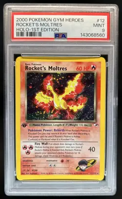 2000 Pokemon Gym Heroes 1st Edition Rocket's Moltres Holo #12/132 PSA 9 - Image 1