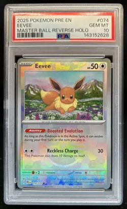 2025 Pokemon Prismatic Evolutions Eevee Reverse Holo Master Ball #074/131 PSA 10 - Image 1