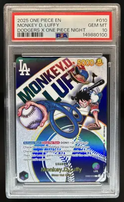 2025 One Piece EN Monkey D. Luffy Dodgers X One Piece Night #EB02-010 PSA 10 - Image 1