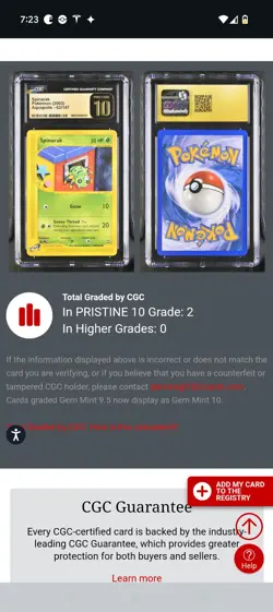 (POP 2) CGC 10 PRISTINE Spinarak Pokemon Aquapolis 2003 Card 62/147 - Image 4