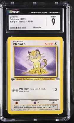 CGC 9 MINT Meowth 1999 Jungle 1st Edition 56/64 Pokemon Card - Image 1