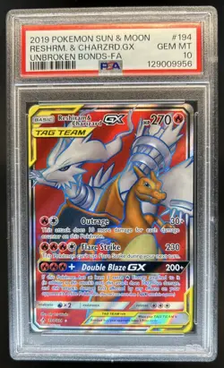 2019 Pokemon SM Unbroken Bonds Reshiram Charizard Tag Team #194/214 PSA 10 - Image 1
