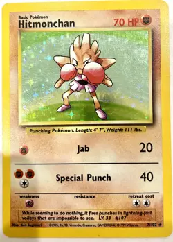 1999 Pokemon Base Set Unlimited HITMONCHAN Holo Rare WOTC 7/102 - Image 1