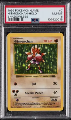 1999 POKEMON GAME SHADOWLESS #7 HITMONCHAN-HOLO PSA 8 - Image 1