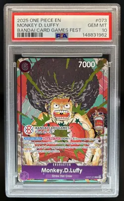 2025 One Piece EN Monkey.D.Luffy Bandai Card Games Fest #OP07-073 PSA 10 - Image 1