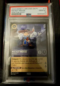 Disney Lorcana en P1 Gen Con Mickey Mouse Musketeer Promo Card 2023 PSA 10 - Image 1
