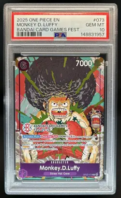 2025 One Piece EN Monkey.D.Luffy Bandai Card Games Fest #OP07-073 PSA 10 - Image 1