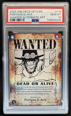 2025 One Piece OP13 Portgas D. Ace WANTED Alternate Art #OP13-119 PSA 10 - Image 1
