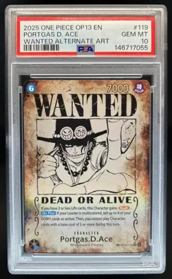 2025 One Piece OP13 Portgas D. Ace WANTED Alternate Art #OP13-119 PSA 10 - Image 1