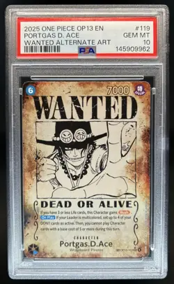 2025 One Piece OP13 Portgas D. Ace WANTED Alternate Art #OP13-119 PSA 10 - Image 1