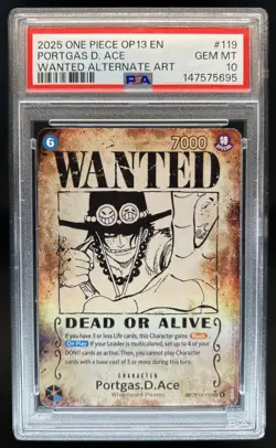 2025 One Piece OP13 Portgas D. Ace WANTED Alternate Art #OP13-119 PSA 10 - Image 1