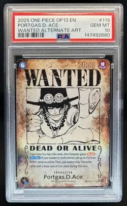 2025 One Piece OP13 Portgas D. Ace WANTED Alternate Art #OP13-119 PSA 10 - Image 1