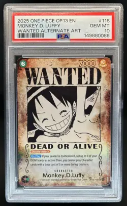 2025 One Piece Monkey D. Luffy Secret Rare Alt Art #OP13-118 PSA 10 GEM MINT - Image 1