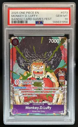 2025 One Piece EN Monkey.D.Luffy Bandai Card Games Fest #OP07-073 PSA 10 - Image 1
