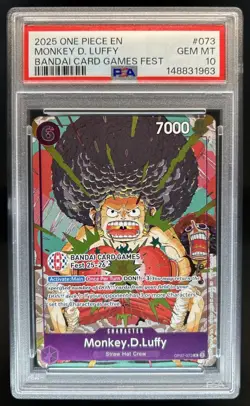 2025 One Piece EN Monkey.D.Luffy Bandai Card Games Fest #OP07-073 PSA 10 - Image 1