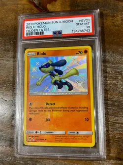 POKEMON 2019 Sun Moon Hidden Fates RIOLU Holo #SV21 PSA 10 Gem Mint RARE - Image 1