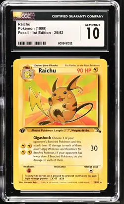 Pokemon English Raichu 29/62 1999 Fossil - 1st Edition Rare CGC PSA Beckett 10 - Image 1
