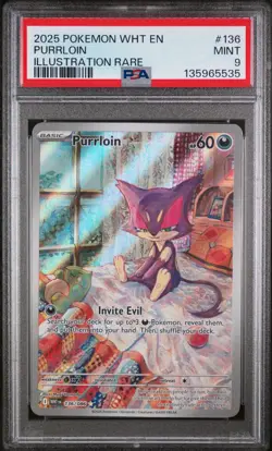 2025 POKEMON WHT EN-WHITE FLARE ILLUSTRATION RARE #136 PURRLOIN PSA 9 - Image 1