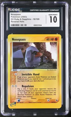 CGC 10 GEM MINT Nosepass EX Ruby & Sapphire 18/109 Reverse Holo Pokemon Card - Image 1