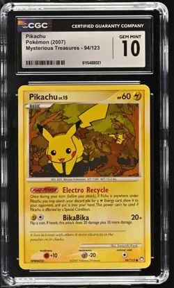 CGC GEM MINT 10 Pokemon Pikachu 94/123 2007 Mysterious Treasures - Image 1