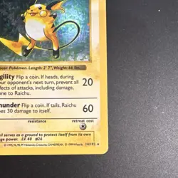 Pokemon TCG Raichu Base Set (Shadowless) Holo Rare 14/102 80 HP 1999 English - Image 4