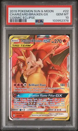 2019 Pokemon Charizard & Braixen GX 22/236 Cosmic Eclipse Full Art PSA10 - Image 1