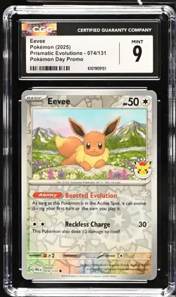 CGC 9 EEVEE 2025 POKEMON DAY PROMO PRISMATIC EVOLUTIONS REVERSE HOLO 074/131 - Image 1