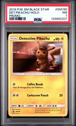 2019 POKEMON SM BLACK STAR PROMO #SM190 DETECTIVE PIKACHU HOLO PSA 7 - Image 1