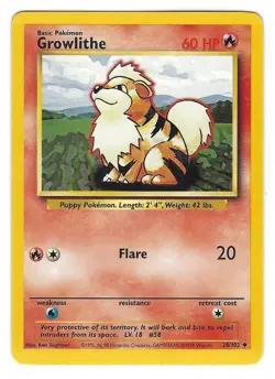Growlithe 28/102 - Base Set - 1999 Vintage WOTC - Uncommon - Never Played - NM - Image 1