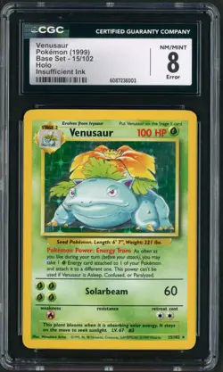 1999 Pokemon Base Set Venusaur Insufficient Ink Error Holo Rare #15 CGC 8 - Image 1