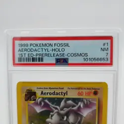 1999 POKEMON FOSSIL 1ST ED-PRERELEASE-COSMOS #1 AERODACTYL-HOLO PSA 7 - Image 5