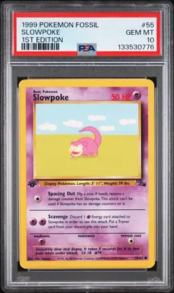1999 POKEMON FOSSIL 1ST ED #55 SLOWPOKE PSA 10 - Image 1