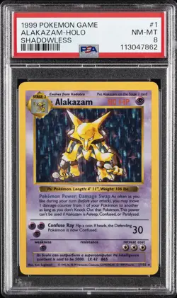 1999 POKEMON GAME SHADOWLESS #1 ALAKAZAM-HOLO PSA 8 - Image 1
