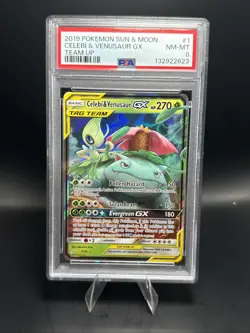 Pokemon Celebi & Venusaur GX 1/181 Sun & Moon Team Up Holo Full Art - PSA 8 - Image 1