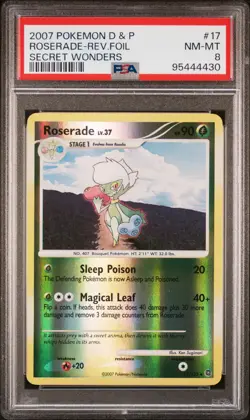 2007 POKEMON DIAMOND & PEARL SECRET WONDERS #17 ROSERADE-REVERSE FOIL PSA 8 - Image 1