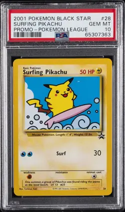 2001 POKEMON PROMO BLACK STAR POKEMON LEAGUE #28 SURFING PIKACHU PSA 10 - Image 1