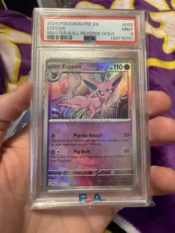 2025 POKEMON PRE EN-PRISMATIC EVOLUTIONS MASTER BALL REVERSE HOLO ESPEON PSA 9 - Image 1