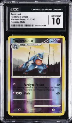 2008 POKEMON MAJESTIC DAWN - REVERSE HOLO #31/100 TOXICROAK CGC 10 GEM MINT - Image 1