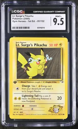 CGC 9.5 MINT+ Lt. Surge's Pikachu Gym Heroes 1st Edition 81/132 Pokemon Card - Image 1