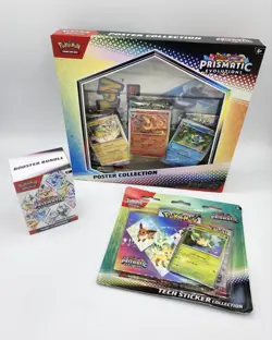Pokemon TCG Prismatic Evolutions Booster Bundle Sealed Lot Poster & Tech Sticker - Image 1