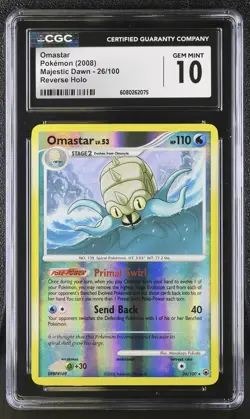 CGC 10 GEM MINT Omastar 2008 Majestic Dawn 26/100 Reverse Holo Pokemon Card - Image 1