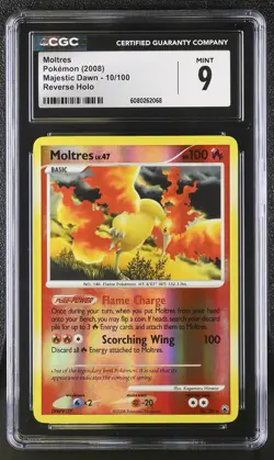 CGC 9 MINT Moltres 2008 Majestic Dawn 10/100 Reverse Holo Pokemon Card - Image 1