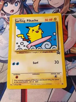 Surfing Pikachu Black Star Promo 28 Pokemon Card WOTC Vintage LP - Image 1