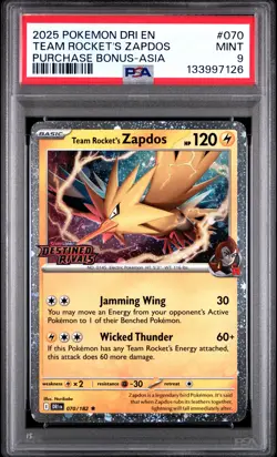 2025 POKEMON DESTINED RIVALS #70 TEAM ROCKET'S ZAPDOS PURCHASE BONUS ASIA PSA 9 - Image 1