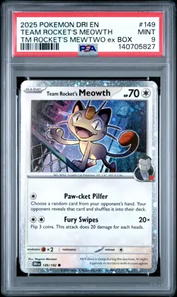2025 Pokemon DRI EN Mewtwo EX Box Team Rocket’s Meowth Cosmos #149 - PSA 9 - Image 1