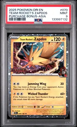 2025 POKEMON DESTINED RIVALS #70 TEAM ROCKET'S ZAPDOS PURCHASE BONUS ASIA PSA 9 - Image 1